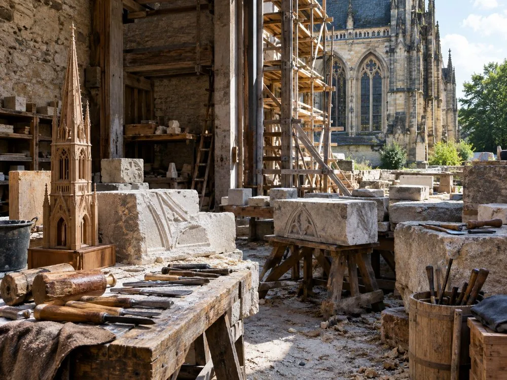 La Fabrique de la Flèche, chantier de remontage sur le parvis de la basilique